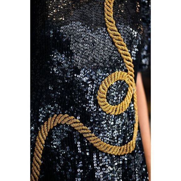 Patra Dress Vintage Size M/L Black Gold‎ Rope Sequin Beaded Cocktail Party - Picture 4 of 14